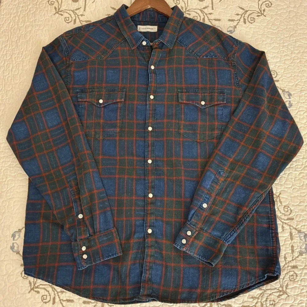 Lucky Brand Plaid Western Shirt Mens XL Blue Red Plaid Excellent Pearl Snap